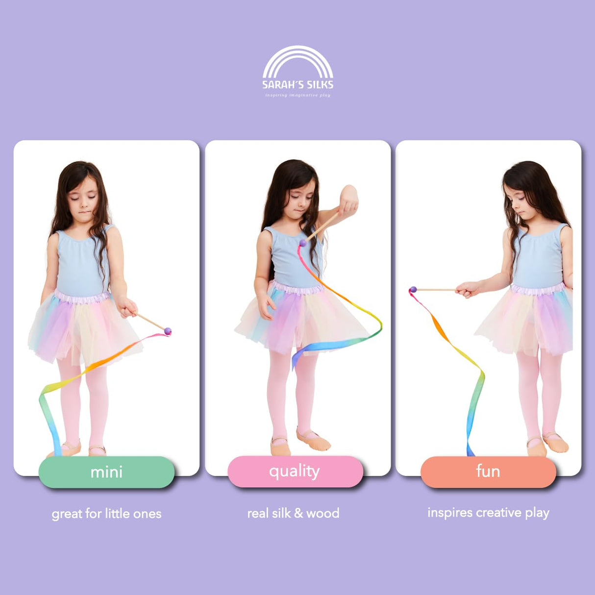 Sarah's Silks Mini Rainbow Streamer - Long Ribbon Wand for Kids, Pretend Play, Dance, Baton Stick Twirling, and Gymnastics Party Favors | 100% Silk and Wood Montessori and Waldorf Toys (1) Sarah's Silks
