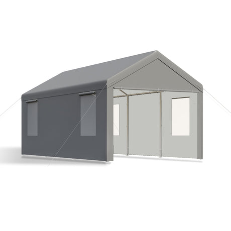 CAPEWORTH Carport, 12x20 ft Grey Heavy Duty Carport with Roll-up Windows, Portable Garage with Removable Sidewalls & Doors, Car Canopy with Sandbags and All-Season Tarp for Car Boat Truck Motorcycle CAPEWORTH