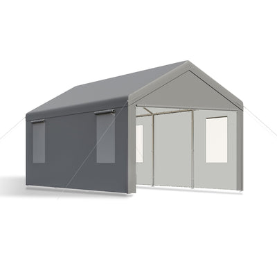 CAPEWORTH Carport, 12x20 ft Grey Heavy Duty Carport with Roll-up Windows, Portable Garage with Removable Sidewalls & Doors, Car Canopy with Sandbags and All-Season Tarp for Car Boat Truck Motorcycle
