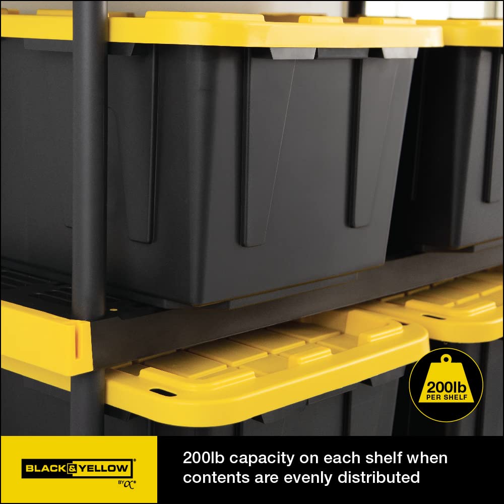 CX Black & Yellow®, Shelving Unit and Heavy Duty Storage Containers, Extremely Durable® (Shelf + 27 Gallon Container (8-Pack) CX