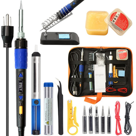 110W Electronics Soldering Iron Kit - LCD Digital Soldering Iron Adjustable Temperature, Wire & Cutter, Stand, Soldering Iron Tip Set, Desoldering Pump, Solder, Tweezers, Soldering Flux Paste LDK