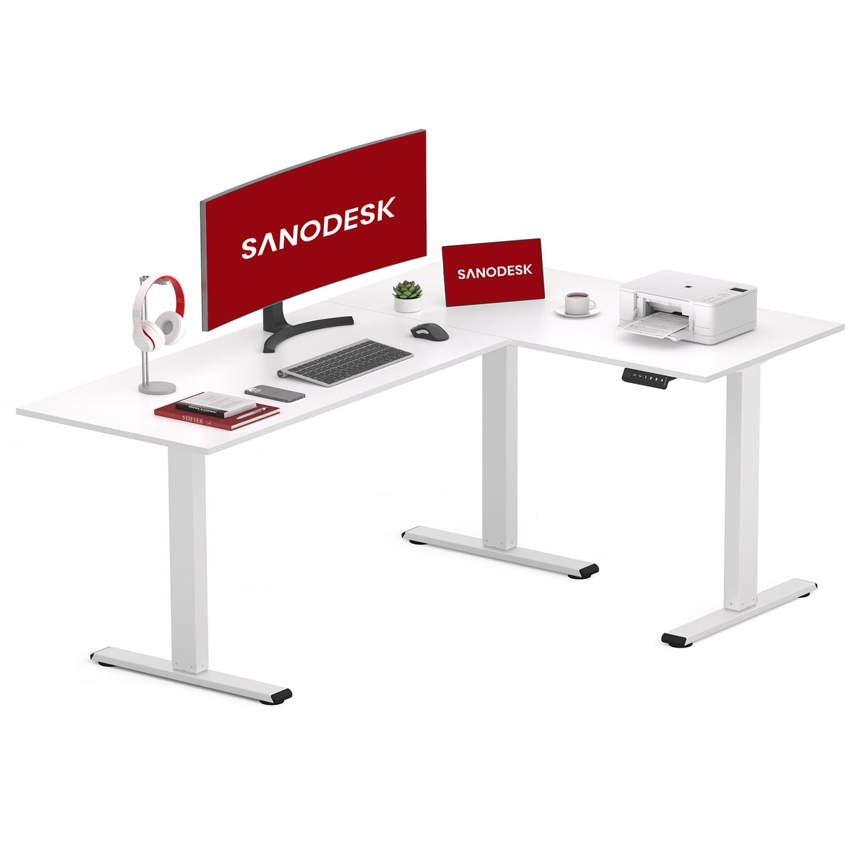 SANODESK L Shaped Standing Desk, Electric Standing Gaming Desk Adjustable Height, Corner Stand up Desk with Splice Board, White SANODESK