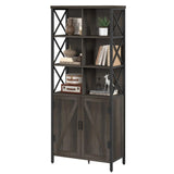 FATORRI Rustic Wood Bookshelf with Doors and Cabinet – Industrial Tall Bookcase in Walnut Brown FATORRI