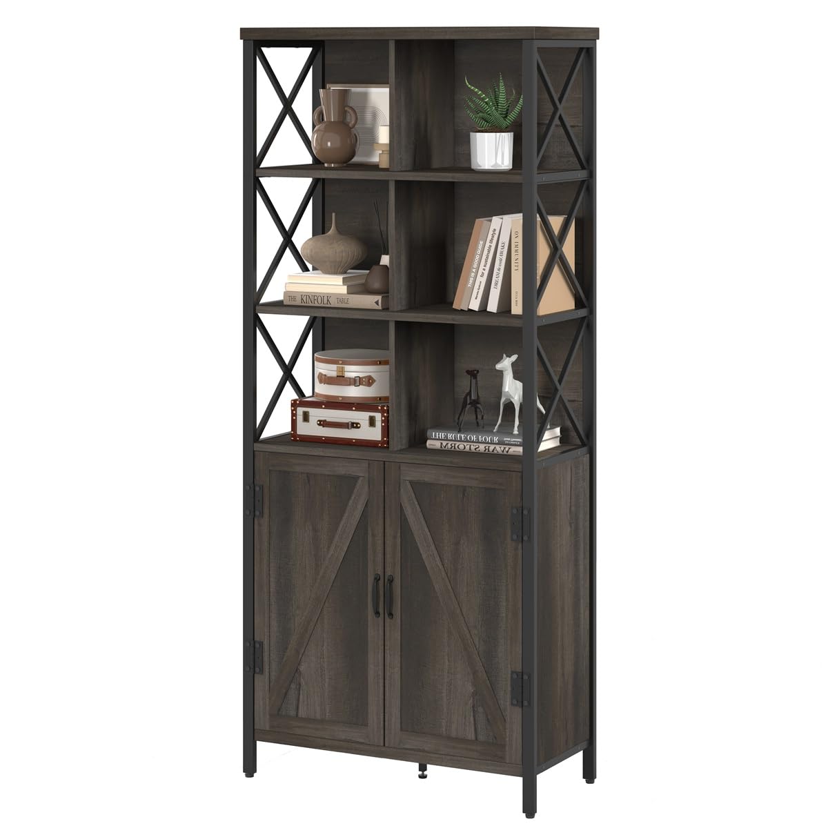 FATORRI Rustic Wood Bookshelf with Doors and Cabinet – Industrial Tall Bookcase in Walnut Brown - WoodArtSupply