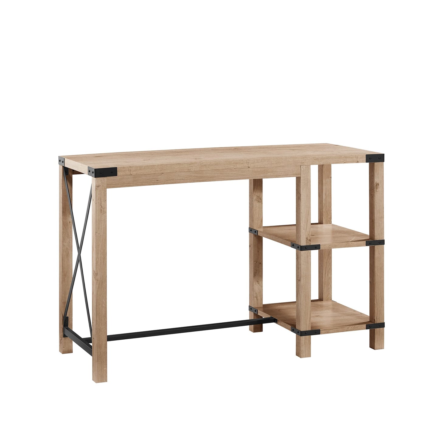 Walker Edison Modern Farmhouse Metal and Wood Kitchen Table Island with Open Storage Shelves, 55 Inch, White Oak