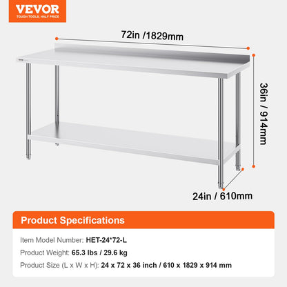 VEVOR 24 x 72 x 36 Inch Stainless Steel Work Table, Commercial Food Prep Worktable Heavy Duty Prep Worktable, Metal Work Table with Adjustable Height for Restaurant, Home and Hotel - WoodArtSupply