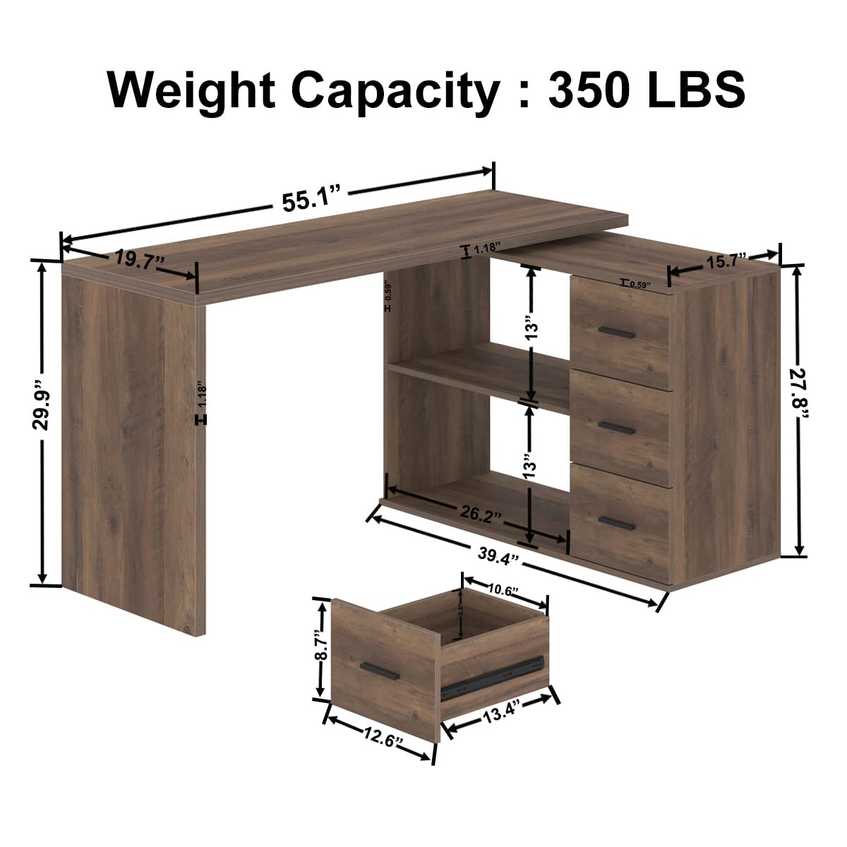 HSH L Shaped Desk with Storage Cabinet, Wood L Shape Desk with Drawers Shelf, Large Corner Computer Table in Home Office Bedroom, Industrial PC Desk for Executive Writing Work Study, Rustic Oak, 55 In