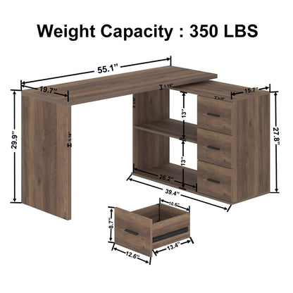 HSH L Shaped Desk with Storage Cabinet, Wood L Shape Desk with Drawers Shelf, Large Corner Computer Table in Home Office Bedroom, Industrial PC Desk for Executive Writing Work Study, Rustic Oak, 55 In