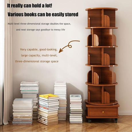 Angel Sar Modern 6 Tier Rotating Bookshelf with Drawer & Wheels, 360° Spinning Corner Bookcase for Small Spaces, Tall Storage Shelf for Bedroom, Living Room, or Office, Walnut Angel Sar