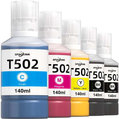 Spaceink 502 Ink Refill Bottles for Ecotank ET-4760 ET-3760 ET-2760 ET-2850 ET-2750 ET-3850 ET-4850 ET-3700 ET-4750 ET-3830 ET-3750 ET-15000 ET-2700 ET-2720 Printer 140ml 5 Bottles(2BK C M Y)