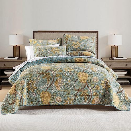 ENASAL Cotton Bedspread Quilt Sets Reversible Bedding Coverlet Sets Comforter, Vintage Floral Farmhouse Pastoral Turquoise Bedspread, Queen Size ENASAL