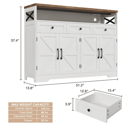51" Farmhouse Buffet Sideboard Cabinet with Storage, White Kitchen Storage Pantry Cabinet with Drawers, Wood Cupboard Hutch Cabinet, Coffee Bar Station Table for Kitchen, Living Room, Dining Room FiveWillowise