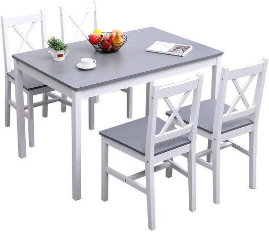 SogesPower Dining Table Set for 4, 5-Piece Wood Kitchen Dining Table Set with 4 Chairs for Kitchen Dining Room Restaurant Small Space, Grey&White - WoodArtSupply