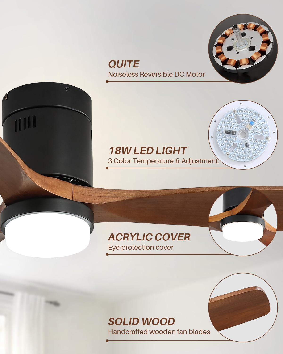 Sofucor 52 Inch Low Profile Ceiling Fan with Lights Flush Mount Ceiling Fan with Remote Control Dimmable LED Light 3 Reversible Walnut Wood Blades Noiseless DC Motor 6 Speed with Timer