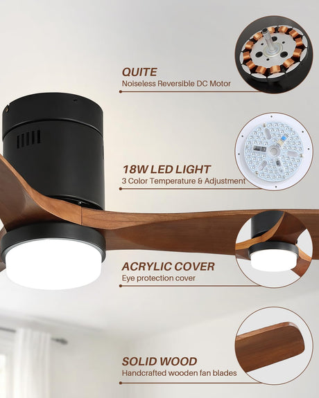 Sofucor 52 Inch Low Profile Ceiling Fan with Lights Flush Mount Ceiling Fan with Remote Control Dimmable LED Light 3 Reversible Walnut Wood Blades Noiseless DC Motor 6 Speed with Timer Sofucor