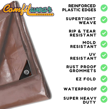 COMFITWEAR 16 MIL Heavy Duty Tarp Super Heavy Duty Tarp Cover 16 MIL Multi-Purpose Extra Heavy Duty Tarps Car Tarp Boat Tarp Camping Tarp General Purpose Waterproof Tarp Cover (20' X 40', Brown) COMFITWEAR