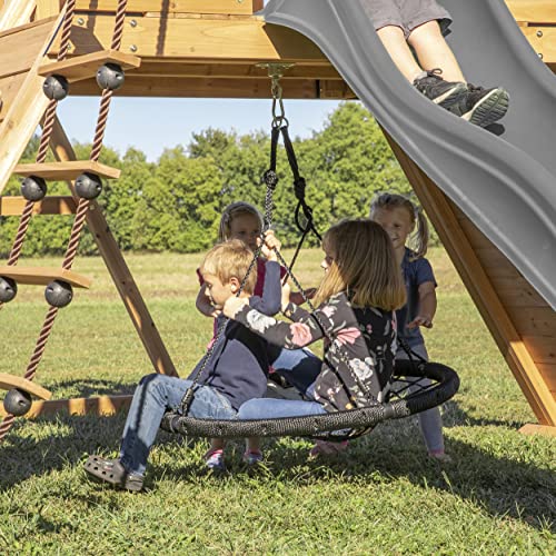 Backyard Discovery Endeavor All Cedar Wood Swing Set Playset with Gray Wave Slide for Backyard with Large Clubhouse Rope Ladder Rock Climbing Wall Wave Slide 2 Belt Swings and 1 Web Swing Gift Backyard Discovery