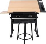 HomGarden Height Adjustable Drafting Desk Drawing Table Art Craft Work Station w/Stool, Storage Drawers for Drawing, Reading, Writing HomGarden