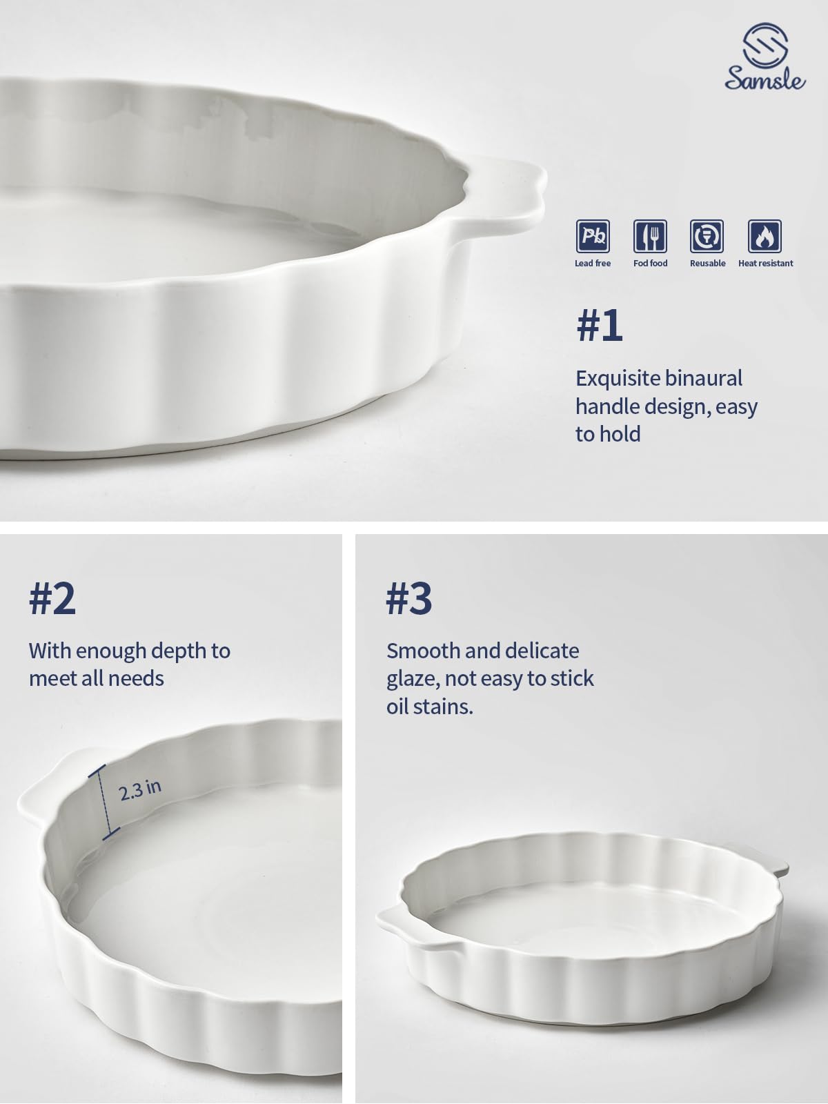 Samsle Ceramic Pie Pan For Baking,13Inch Round Baking Dish With Double Handle,Pie Plate With Ruffled Edge-Microwave, Dishwasher, and Oven Safe Samsle
