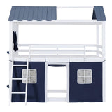 Harper & Bright Designs House Twin Loft Bunk Bed with Tent,Kids Twin Loft Bed with Ladders,Guardrail,Windows & Roof, Wood Twin Over Twin Playhouse Bunk Bed for Kids Teens Boys & Girls (Blue & White) Harper & Bright Designs