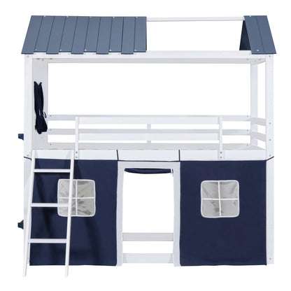 Harper & Bright Designs House Twin Loft Bunk Bed with Tent,Kids Twin Loft Bed with Ladders,Guardrail,Windows & Roof, Wood Twin Over Twin Playhouse Bunk Bed for Kids Teens Boys & Girls (Blue & White)