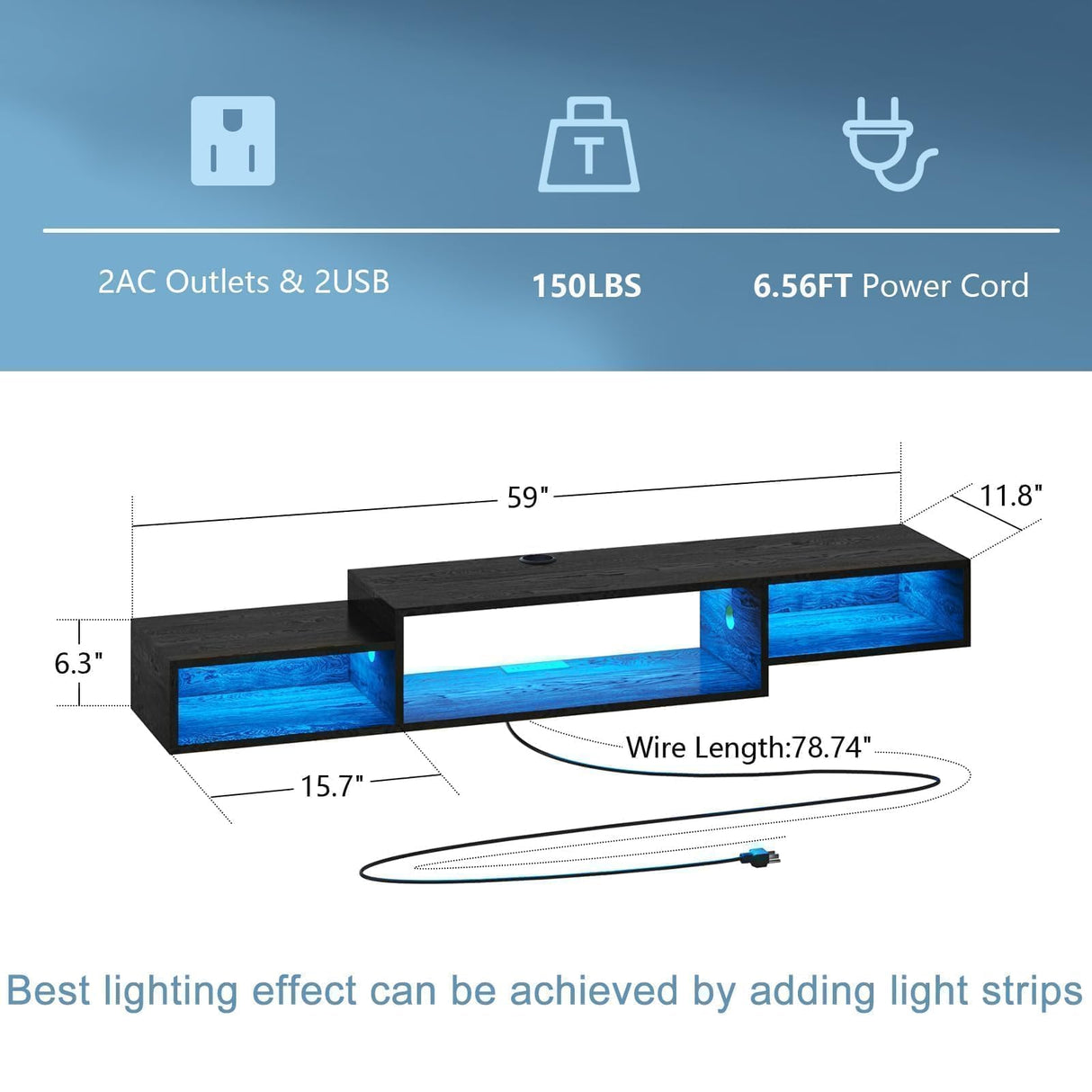 4 EVER WINNER Floating TV Stand, with LED Lights, 59” Floating Entertainment Center with Power Outlet and Storage, Floating TV Shelf Media Console Cabinet for Gaming Box Audio Video, Black 4 EVER WINNER