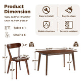 DELAVIN 62.9" Solid Wood Dining Room Table Set for 6 People, Mid Century Kitchen Table with 6 Oak Wood Chairs for Home, Apartment, Modern Dining Table and Chairs Set for Whole Family, Walnut DELAVIN
