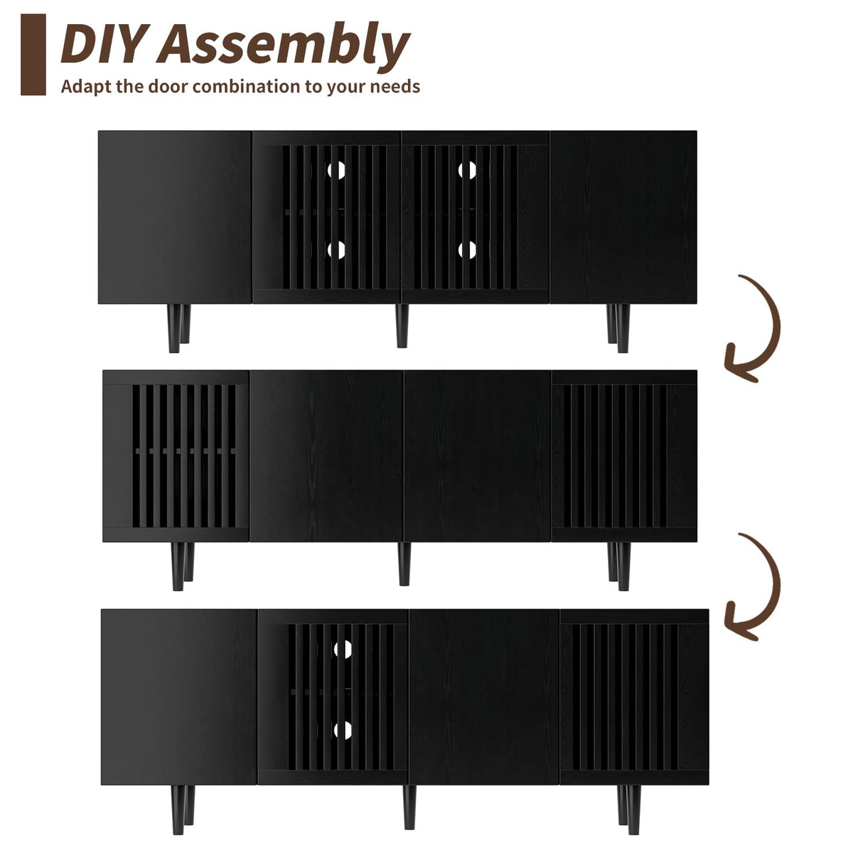 ROMMAK Boho TV Stand for 55-65 Inch TV, 4 Doors, Entertainment Center with Adjustable Shelf, TV Console with 4 Cabinets, Media Console, Solid Wood Feet, Cord Holes for Living Room, Bedroom, Black ROMMAK