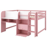 Bellemave Full Size Low Loft Bed,Kids Loft Bed with Storage Cabinets and Open Bookcase,No Box Spring Need, Solid Wood Low Loft Bed Frame for Kids Boys, Girls.(Pink) Bellemave