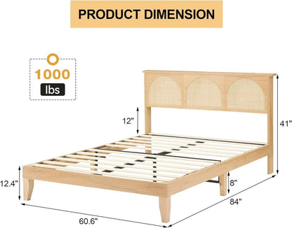 IDEALHOUSE LED Queen Bed Frame with Rattan Headboard and Underbed Storage - WoodArtSupply