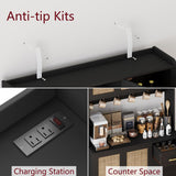 Rovaurx 70.9" Kitchen Pantry Cabinet with Microwave Shelf, Rattan Freestanding Storage Cabinet with Charging Station, Sideboard Buffet Cabinet with Drawers and Doors, Black and Natural KBG002BME Rovaurx