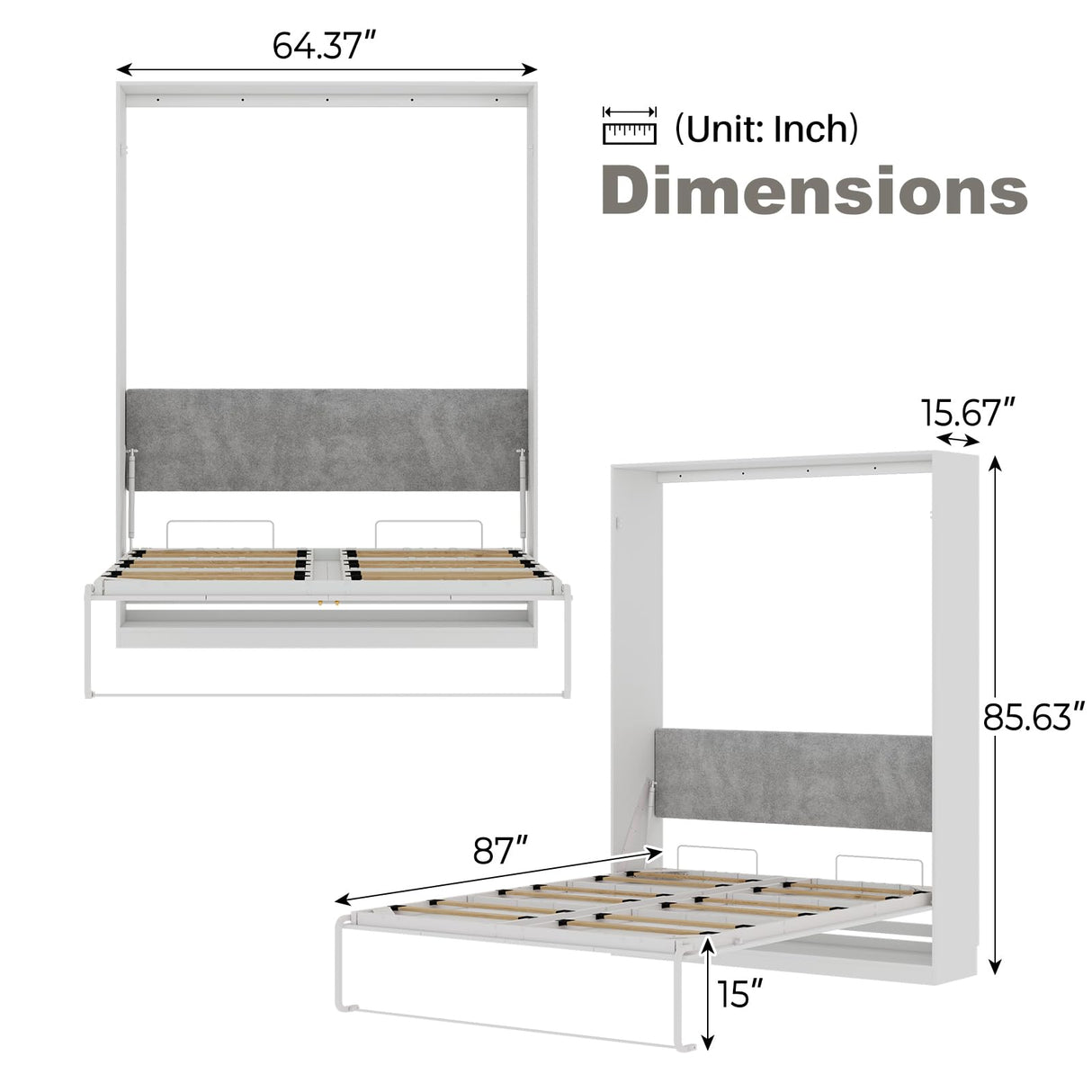 Farmhouse Murphy Bed Queen, 85" Wall Bed Folds to Save Space, Concealed Bed Frame with Hydraulic Rod and Wall Mounted Features for Apartment/Office/Guest Room Bobve