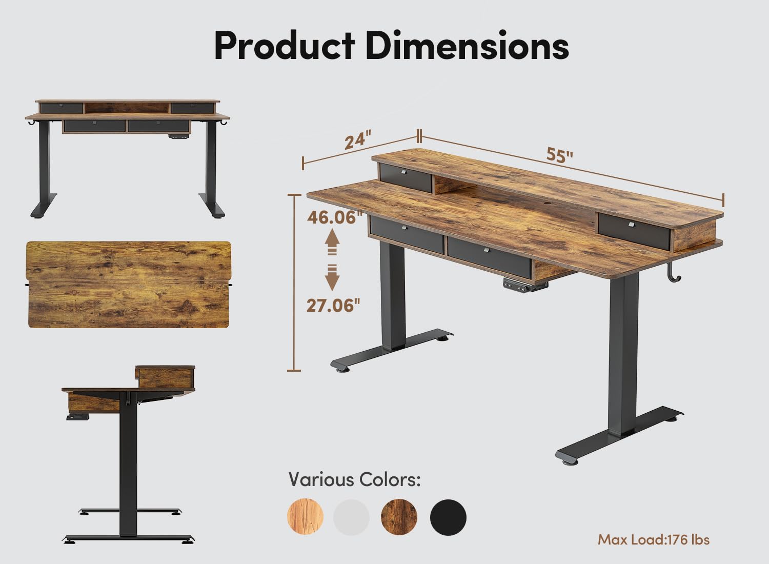 BANTI Height Adjustable Electric Standing Desk with 4 Drawers, 55 x 24 Inch Table with Storage Shelf, Sit Stand Desk, Rustic Brown Top - WoodArtSupply