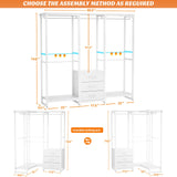 Aheaplus Garment Rack Heavy Duty Clothes Rack for Hanging Clothes,Clothing Rack with Drawers, Wood Stoarge Shelf Freestanding Closet Wardrobe Rack, Corner L Shaped Closet System Organizers, W3,White Aheaplus