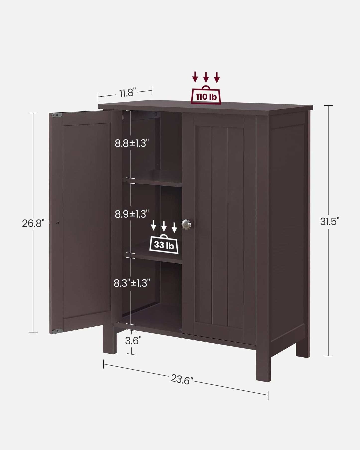 VASAGLE Bathroom Floor Storage Cabinet, Bathroom Storage Unit with 2 Adjustable Shelves, Bathroom Cabinet Freestanding, 11.8 x 23.6 x 31.5 Inches, Brown UBCB60BR