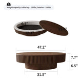 FGXJY Oval Coffee Table with Storage, Modern Walnut Coffee Table with Solid Wood Veneered, Fluted Center Table Wood Drum Tea Table for Living Room Apartment, 47.2''L×23.6''W×14.2''H FGXJY