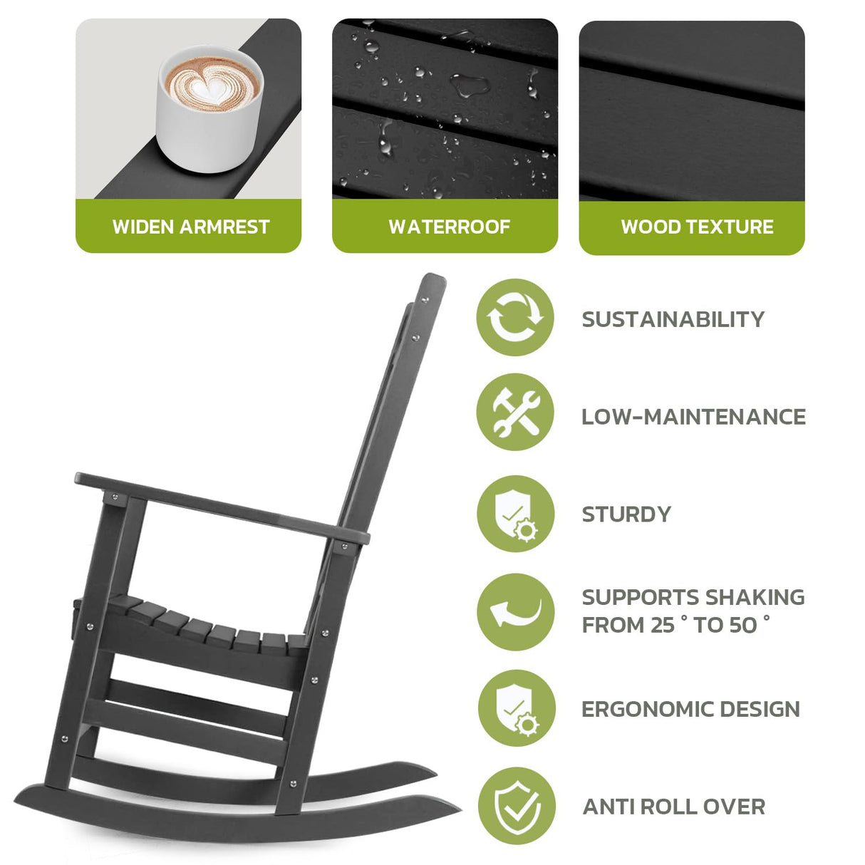 FOOWIN Patio Rocking Chairs,HDPE High Back Porch Rocker,All Weather Resistant Poly Lumber Outdoor Porch Rocker, Rocking Chairs for Outdoor, Indoor, Patio, Deck, Garden (Set of 2, Black) FOOWIN