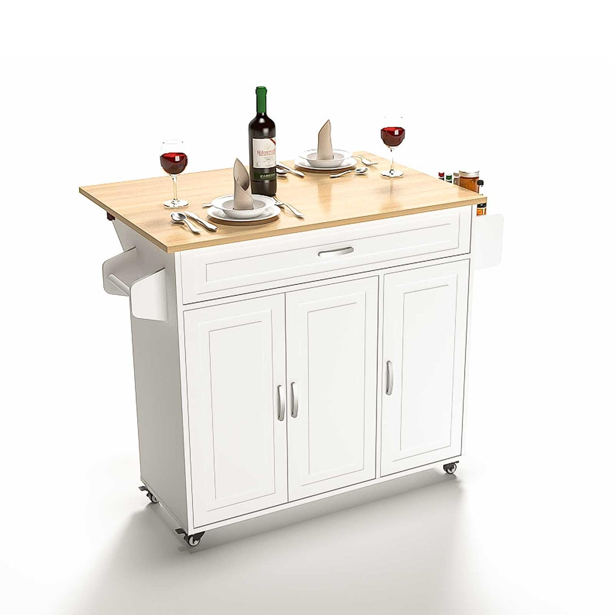 Portable Kitchen Cart with Storage, Rolling Kitchen Island on Wheels with Drop Leaf, Tower Rack, Spice Rack, Cabinet, Drawer, 46.65 x 27.56 x 36 inches, White Samesay