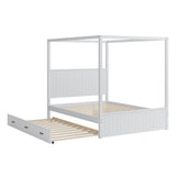JIJIWANG Modern Queen Size Canopy Platform Bed with Trundle and Three Storage Drawers,4-Post Solid Wood Bed Frame with Headboard,No Box Spring Needed,White JIJIWANG