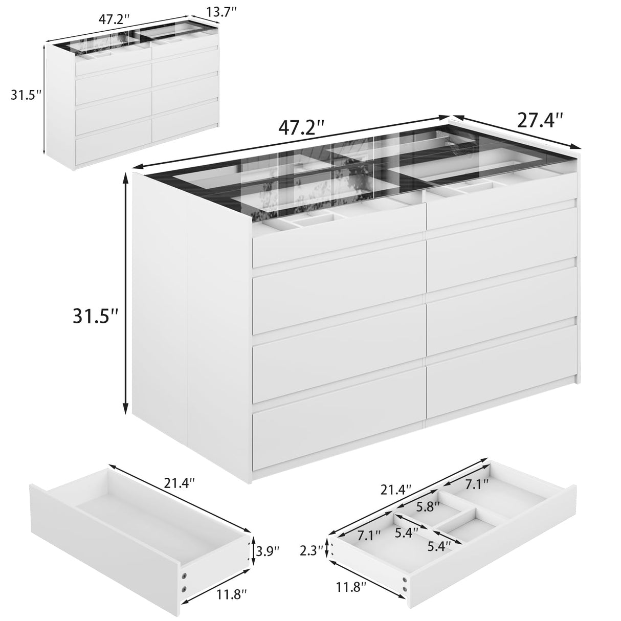 LIVAUVEAD Closet Island with Drawers, 16 Drawers Wardrobe Closet with Glass Top and LED Light，White Island Dresser with Jewelry Organizer for Bedroom & Cloakroom LIVAUVEAD