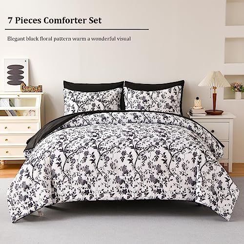 LLDSYW King Size Comforter Set - 7 Pieces Bed in a Bag Soft Microfiber Bedding Comforter Set Leaves Floral Pattern on White Comforter Sets with Sheets for All Seasons (King, Black) LLDSYW