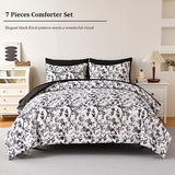 LLDSYW King Size Comforter Set - 7 Pieces Bed in a Bag Soft Microfiber Bedding Comforter Set Leaves Floral Pattern on White Comforter Sets with Sheets for All Seasons (King, Black) LLDSYW