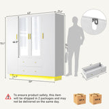 4 Doors Armoire Wardrobe Closet with Mirror, LED Armoire with Doors and Drawers, Wooden Wardrobe Storage Cabinet with Hanging Rod, Adjustable Shelves, White chartustriable