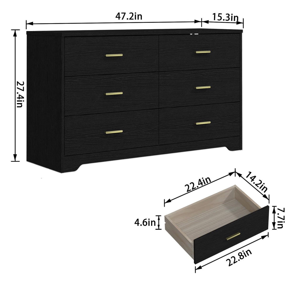 Modern 6 Drawer Wood Dresser, Wood Lateral Chest of Drawers Storage Organizer with Wide Drawers & Metal Gold Handles for Bedroom, Living Room, Hallway, Entryway Panana