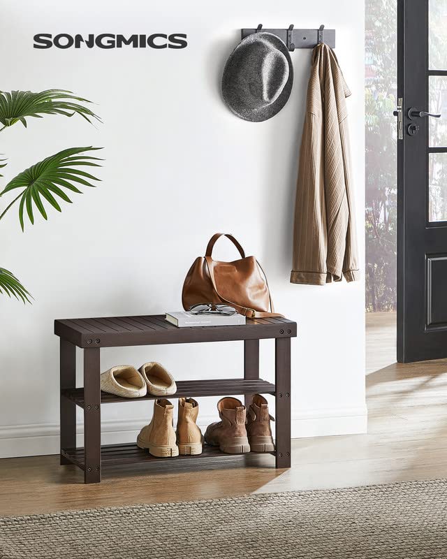 SONGMICS Shoe Rack Bench, 3-Tier Bamboo Shoe Storage Organizer, Entryway Bench, Holds Up to 286 lb, 11.3 x 27.6 x 17.8 Inches, for Entryway Bathroom Bedroom, Brown ULBS04Z SONGMICS