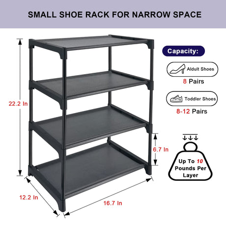 HITHIM 4 Tiers Small Shoe Rack,Narrow Stackable Shoe Shelf Organizer,Sturdy Shoe Stand, Non-Woven Fabric Metal Shoe Racks for Entryway, Doorway and Bedroom Closet HITHIM