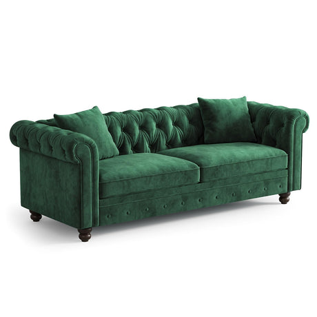 ONBRILL 82 Inch Chesterfield Sofa, 23 Inch Deep Seat Velvet Couch for Living Room, Button Tufted Couch with Rolled Arms, 2 Throw Pillows, Comfy Vintage Loveseat Sofa for Apartment, Green ONBRILL