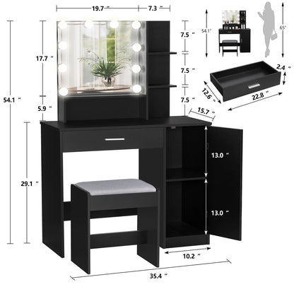 usikey Makeup Vanity Desk for Valentine's Day, Vanity Desk Set with 1 Drawer, 1 Cabinet & 3 Shelves, Makeup Vanity Table with Stool for Bedroom, 3 Lighting Modes & Brightness Adjustable, Blac - WoodArtSupply