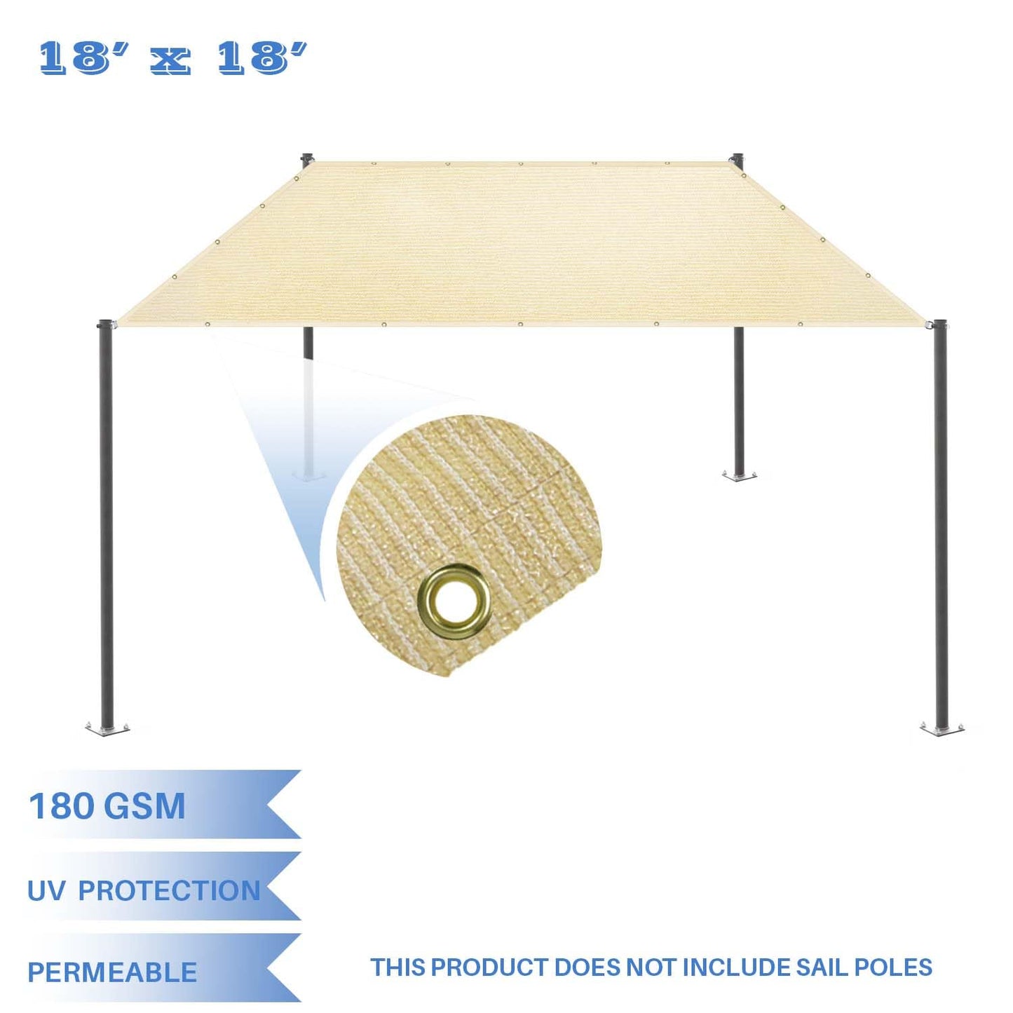 E&K Sunrise 18' x 18' Sun Shade Sail Straight Edge Rectangle Canopy Shade Cover with D-Ring Grommets UV Block for Outdoor Pergola Backyard Garden Patio Deck (Beige)