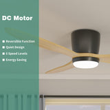 OUATER Flush Mount Ceiling Fan with Light, 52 inch Low Profile Ceiling Fans with Remote for Outdoor/Patios, 3 Color Light, 6 Speed, DC Motor, Wood and Modern Matte Black OUATER